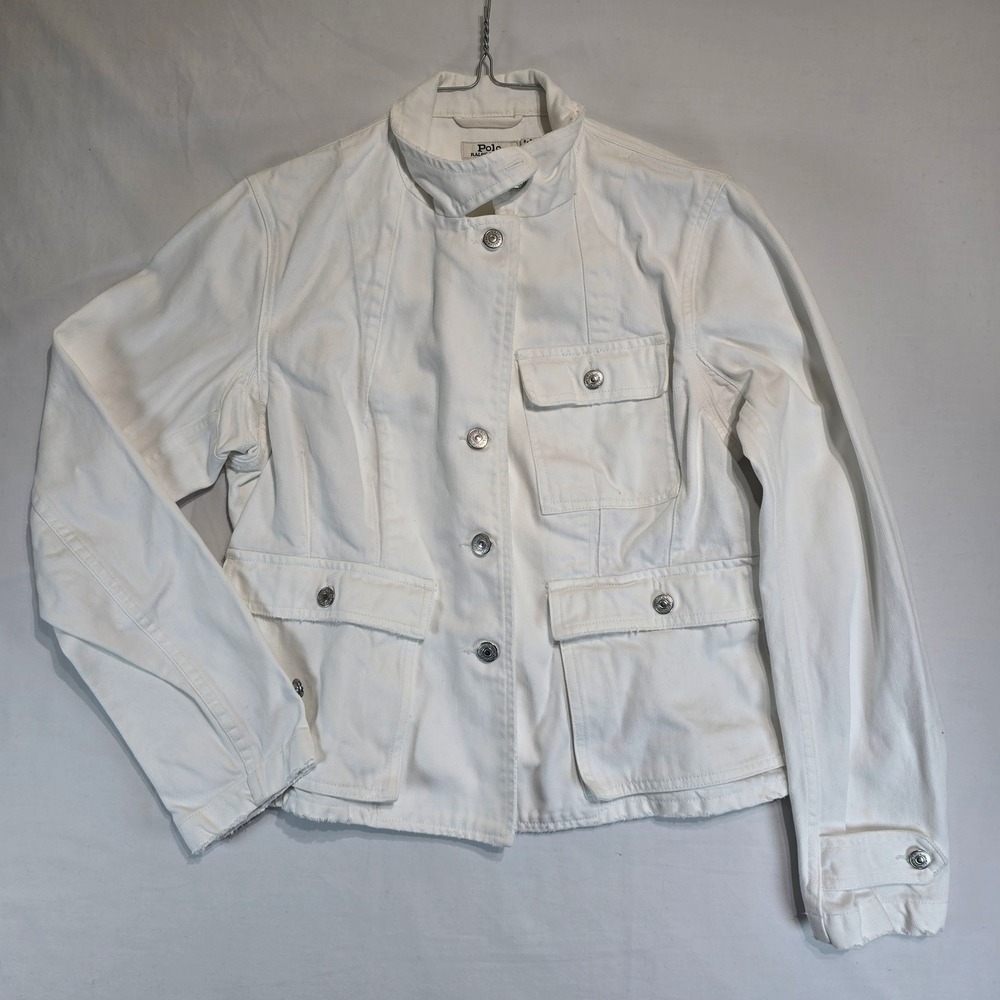 Polo Ralph Lauren White Denim Utility‎ Jacket Women Size 14 Button Up Field Coat